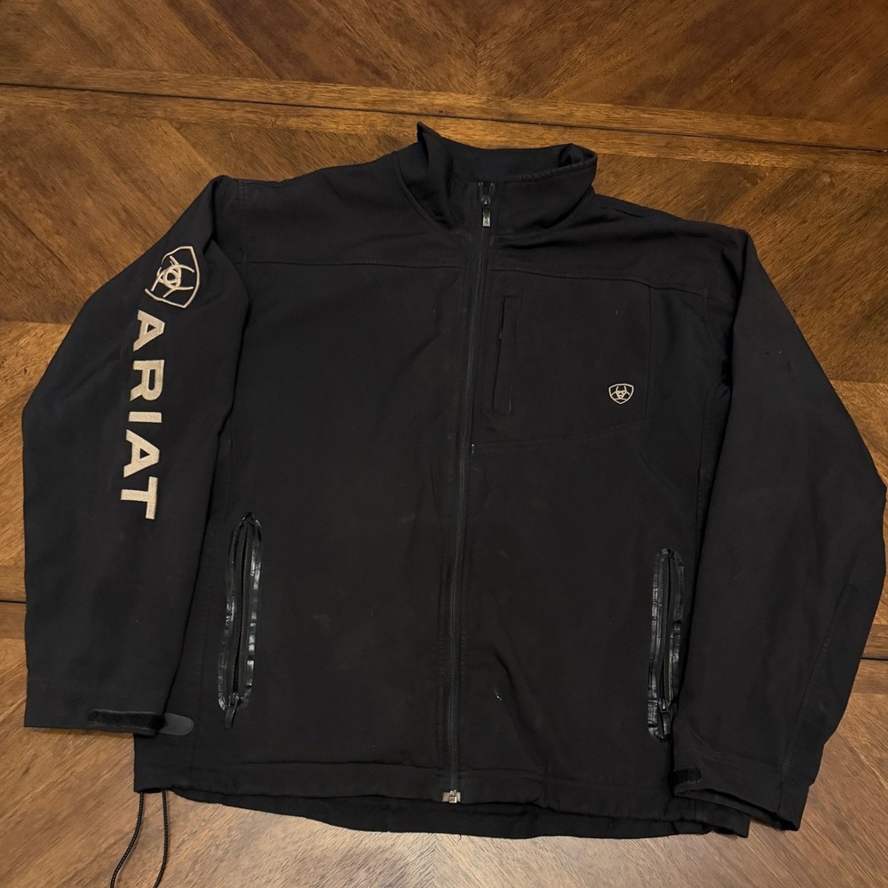 Ariat Mens Softshell Jacket Black Full Zip Fleece Lined Logo XL Outdoor Workwear